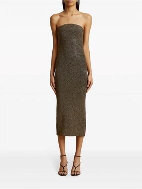KHAITE Rumer Strapless Metallic Knit Midi Dress in Olive Gold